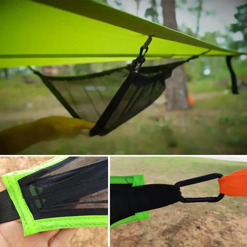 "Hängmatta för flera personer, grön och svart, rymlig och stark design, idealisk för camping och familjeanvändning."