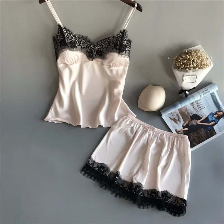 Satin Pyjamas Set med V-ringning