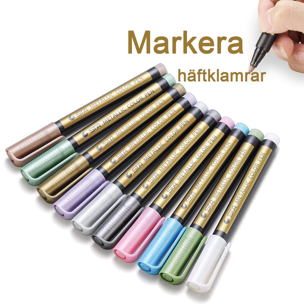 "10 metallic färgpennor, vattentäta, i olika färger för all användning, kreativa projekt och konstverk."