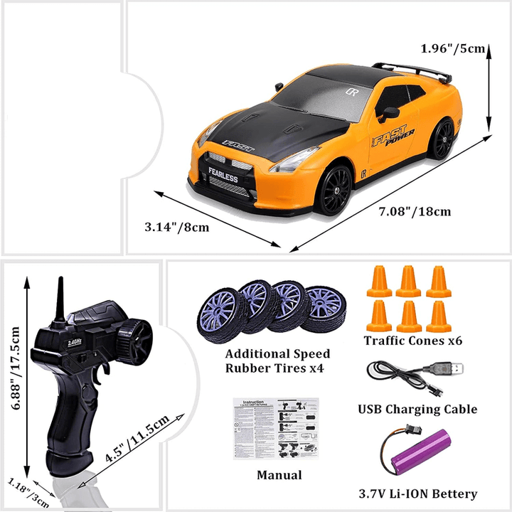 "1:24 RC driftbil, fyrhjulsdrift, höghastighetskörning, gul/röd/blå, dynamiskt ljus, robust och stötsäker design"