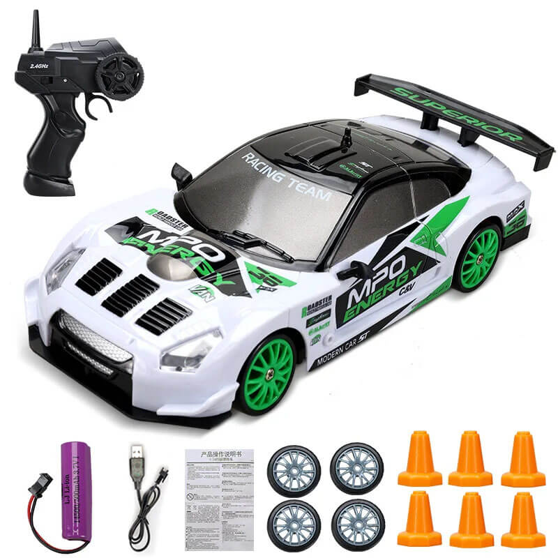 "1:24 RC driftbil, fyrhjulsdrift, höghastighetskörning, gul/röd/blå, dynamiskt ljus, robust och stötsäker design"