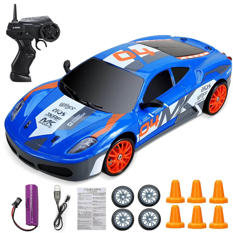 "1:24 RC driftbil, fyrhjulsdrift, höghastighetskörning, gul/röd/blå, dynamiskt ljus, robust och stötsäker design"