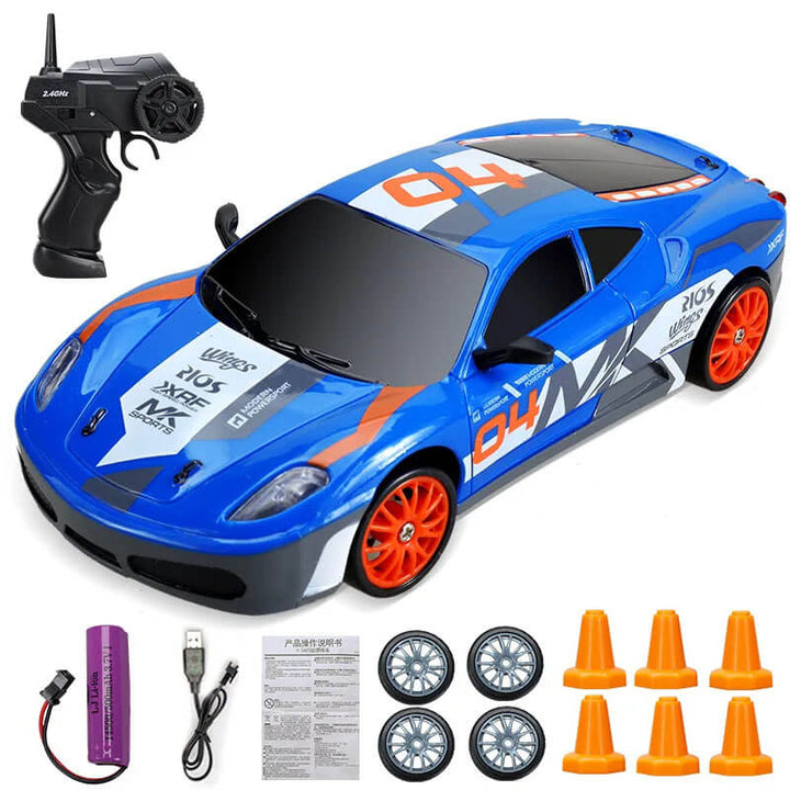 "1:24 RC driftbil, fyrhjulsdrift, höghastighetskörning, gul/röd/blå, dynamiskt ljus, robust och stötsäker design"