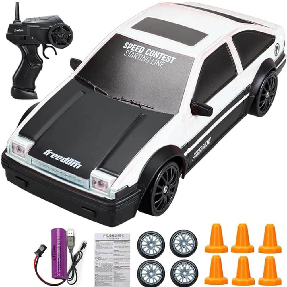 "1:24 RC driftbil, fyrhjulsdrift, höghastighetskörning, gul/röd/blå, dynamiskt ljus, robust och stötsäker design"