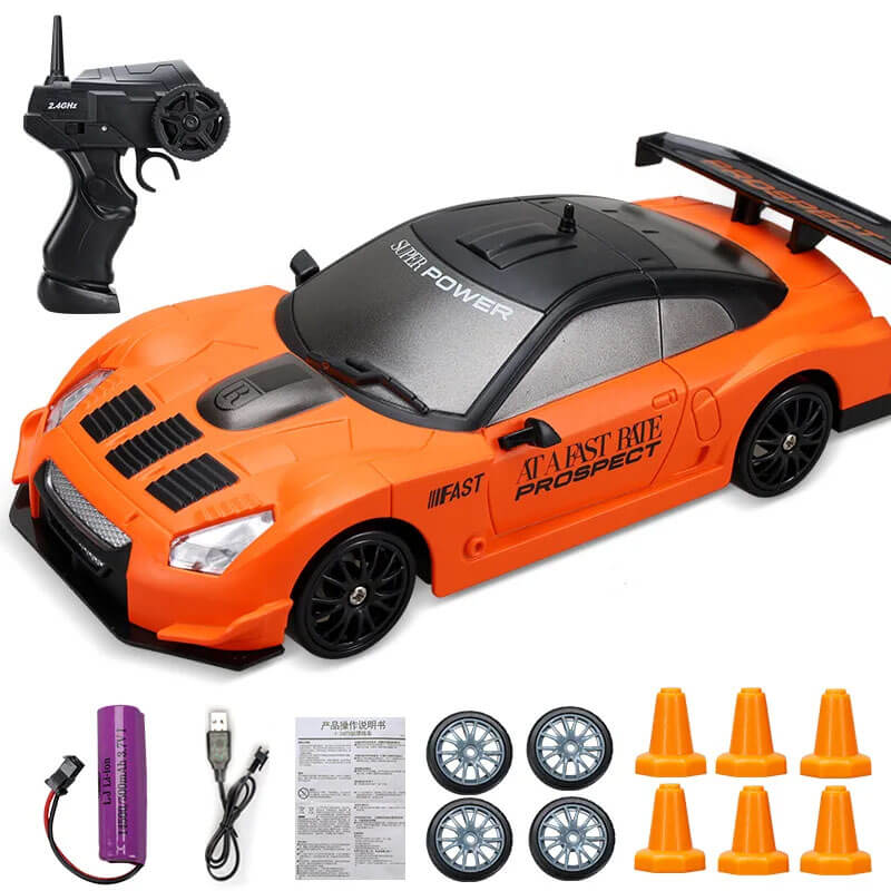 "1:24 RC driftbil, fyrhjulsdrift, höghastighetskörning, gul/röd/blå, dynamiskt ljus, robust och stötsäker design"