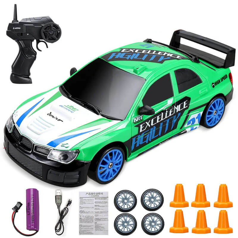 "1:24 RC driftbil, fyrhjulsdrift, höghastighetskörning, gul/röd/blå, dynamiskt ljus, robust och stötsäker design"