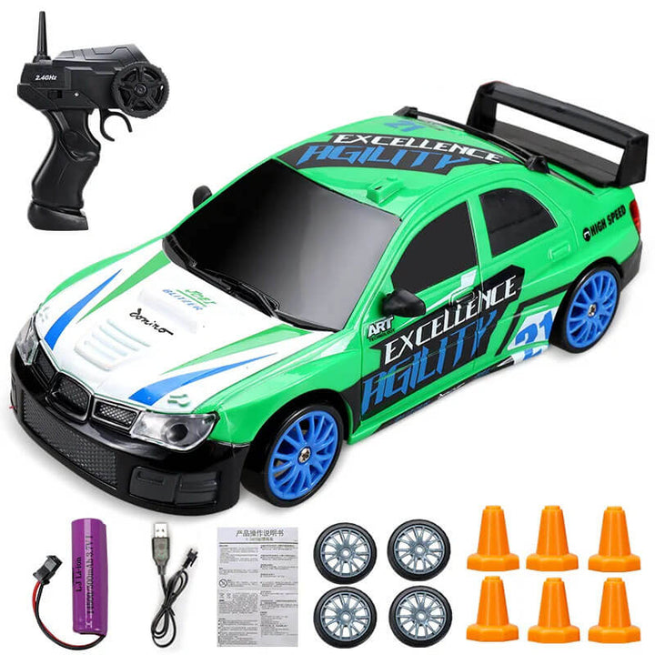"1:24 RC driftbil, fyrhjulsdrift, höghastighetskörning, gul/röd/blå, dynamiskt ljus, robust och stötsäker design"