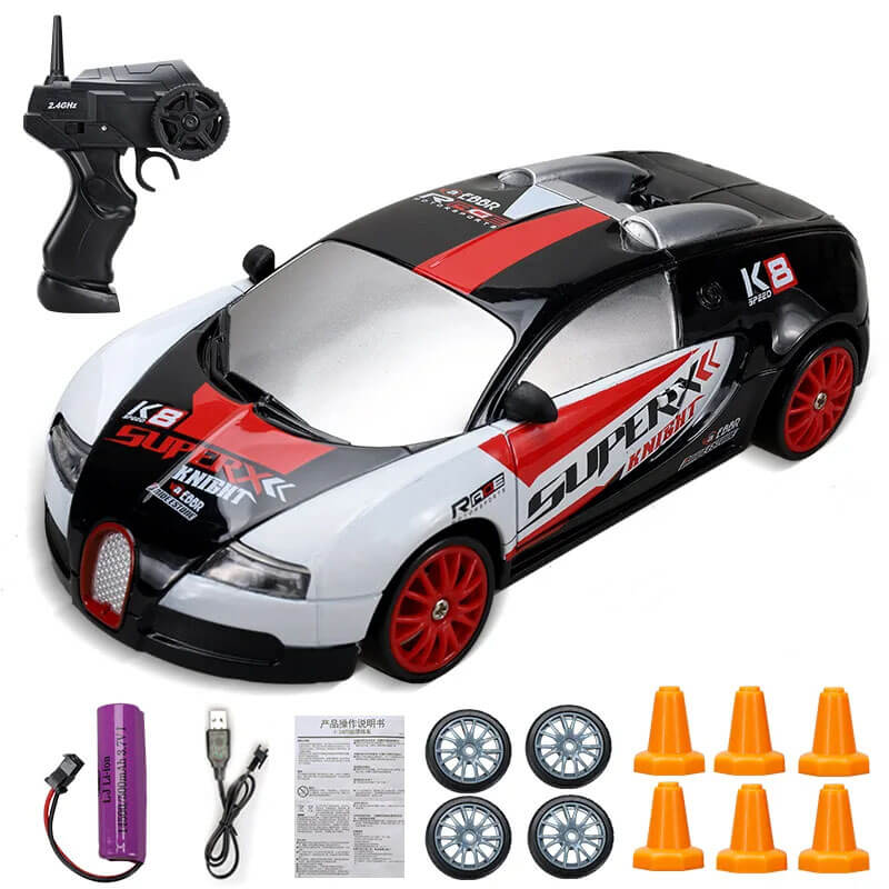 "1:24 RC driftbil, fyrhjulsdrift, höghastighetskörning, gul/röd/blå, dynamiskt ljus, robust och stötsäker design"