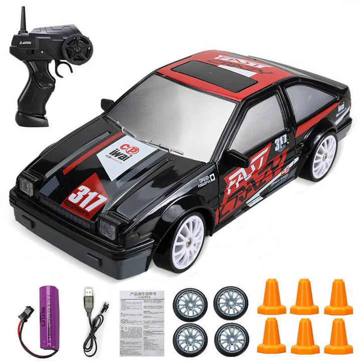 "1:24 RC driftbil, fyrhjulsdrift, höghastighetskörning, gul/röd/blå, dynamiskt ljus, robust och stötsäker design"