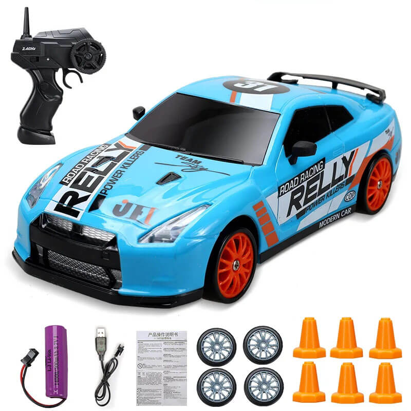 "1:24 RC driftbil, fyrhjulsdrift, höghastighetskörning, gul/röd/blå, dynamiskt ljus, robust och stötsäker design"
