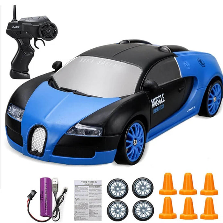 "1:24 RC driftbil, fyrhjulsdrift, höghastighetskörning, gul/röd/blå, dynamiskt ljus, robust och stötsäker design"