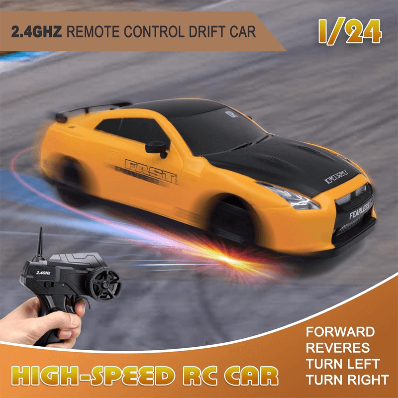 "1:24 RC driftbil, fyrhjulsdrift, höghastighetskörning, gul/röd/blå, dynamiskt ljus, robust och stötsäker design"