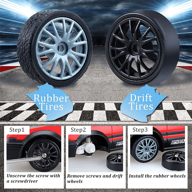 "1:24 RC driftbil, fyrhjulsdrift, höghastighetskörning, gul/röd/blå, dynamiskt ljus, robust och stötsäker design"