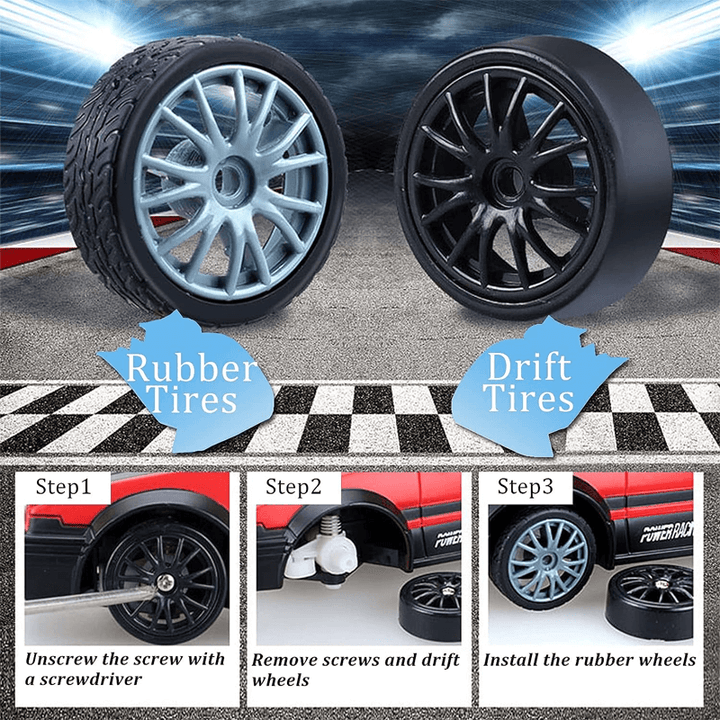 "1:24 RC driftbil, fyrhjulsdrift, höghastighetskörning, gul/röd/blå, dynamiskt ljus, robust och stötsäker design"