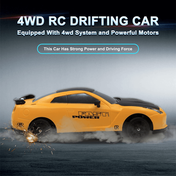 "1:24 RC driftbil, fyrhjulsdrift, höghastighetskörning, gul/röd/blå, dynamiskt ljus, robust och stötsäker design"