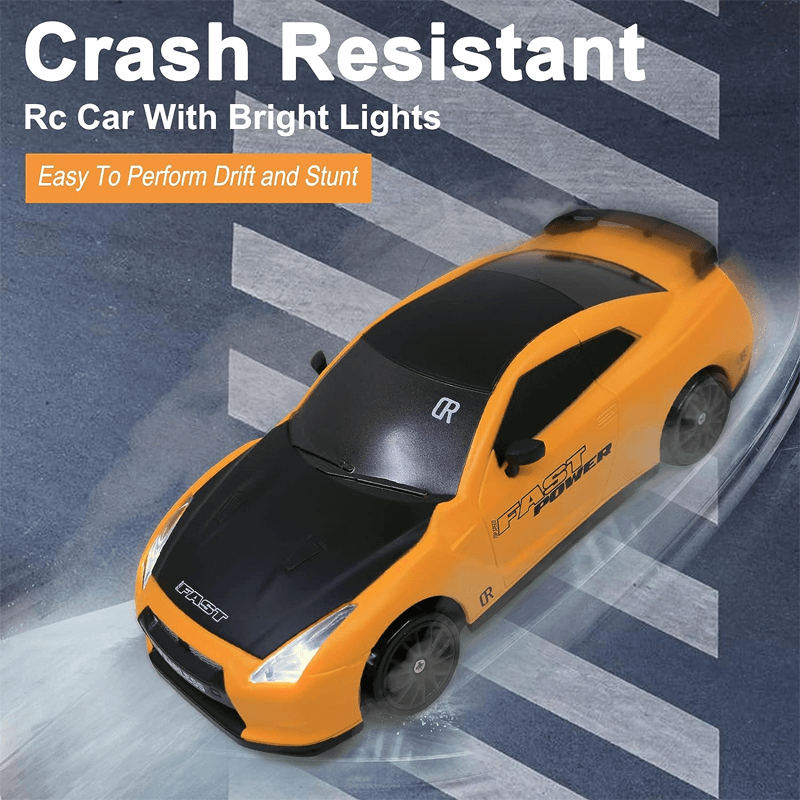 "1:24 RC driftbil, fyrhjulsdrift, höghastighetskörning, gul/röd/blå, dynamiskt ljus, robust och stötsäker design"
