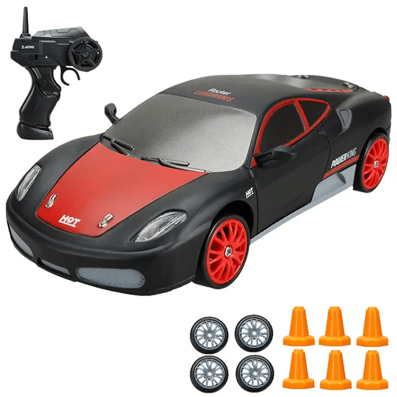 "1:24 RC driftbil, fyrhjulsdrift, höghastighetskörning, gul/röd/blå, dynamiskt ljus, robust och stötsäker design"