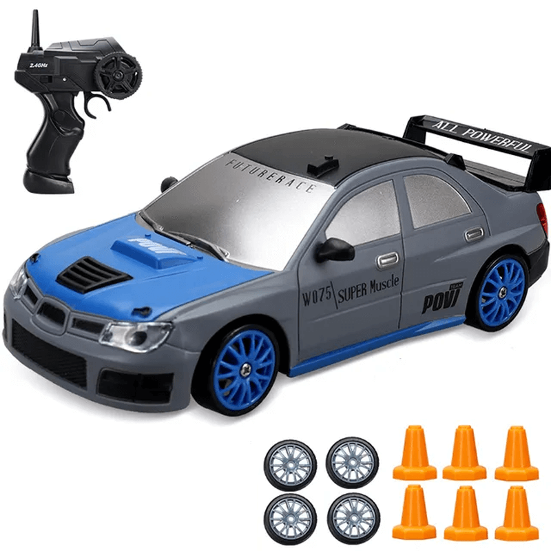 "1:24 RC driftbil, fyrhjulsdrift, höghastighetskörning, gul/röd/blå, dynamiskt ljus, robust och stötsäker design"