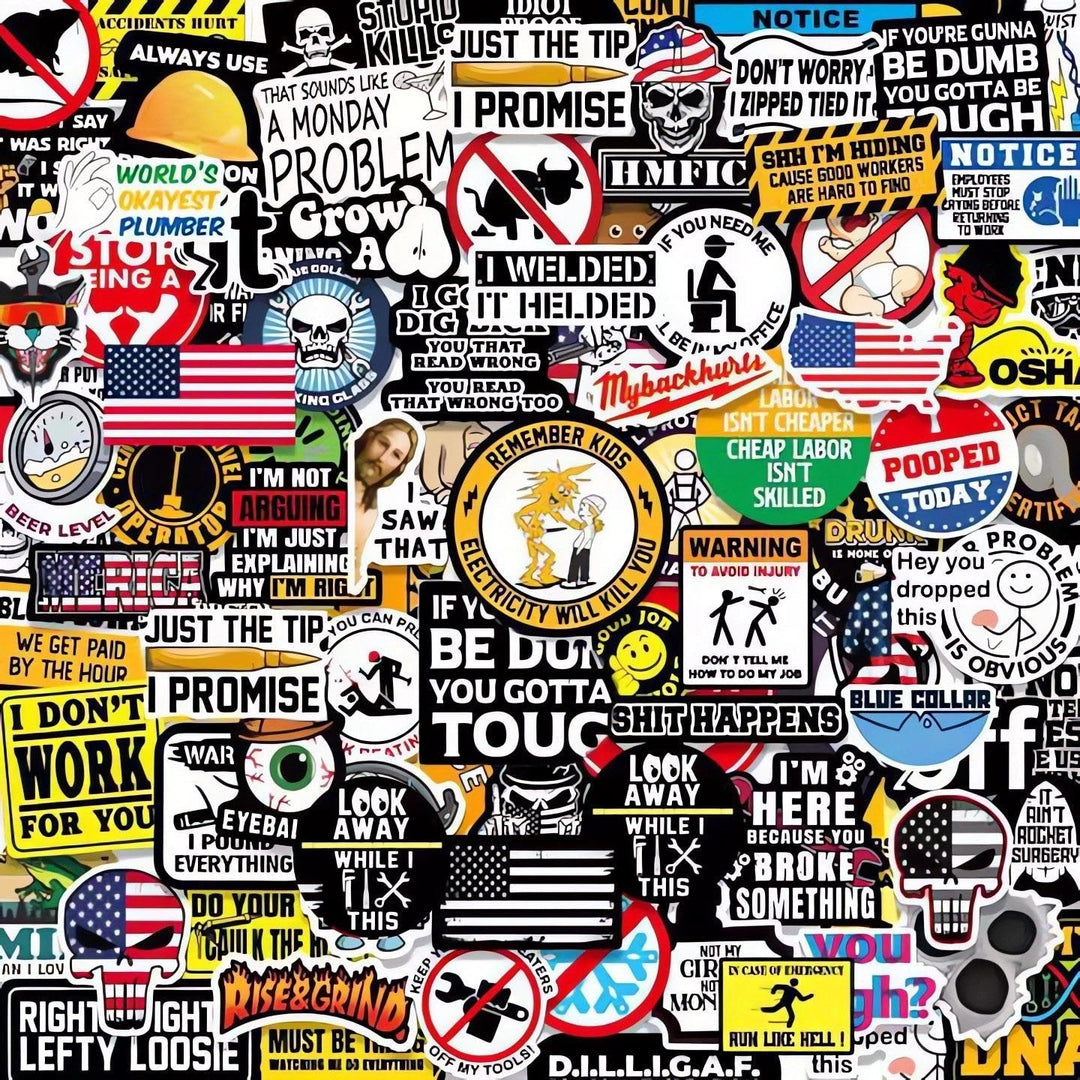 "150 snuskiga och humoristiska klistermärken för skyddshjälmar, vinyl med glans, inkluderar flaggor och prank-mönster."