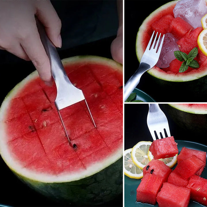 "2-i-1 vattenmelon gaffelskärare i rostfritt stål, skär och serverar vattenmelon, närbild av det robusta stålet i bruk."