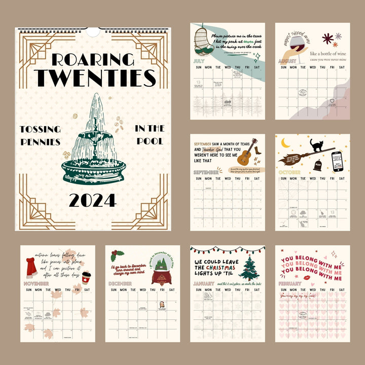 "2024 kalender med Taylor Swift låttexter, satinpapper, musikinspirerat konstverk för hem och kontor"