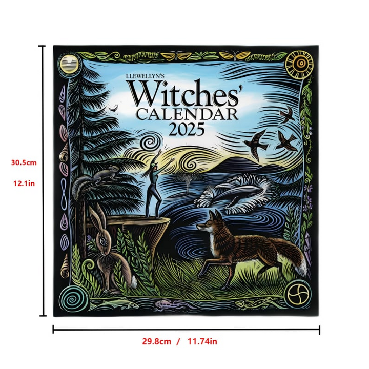 "2025 Häxornas Kalender med mystiska illustrationer och magiska ritualtips, perfekt för häxor och hedningar."