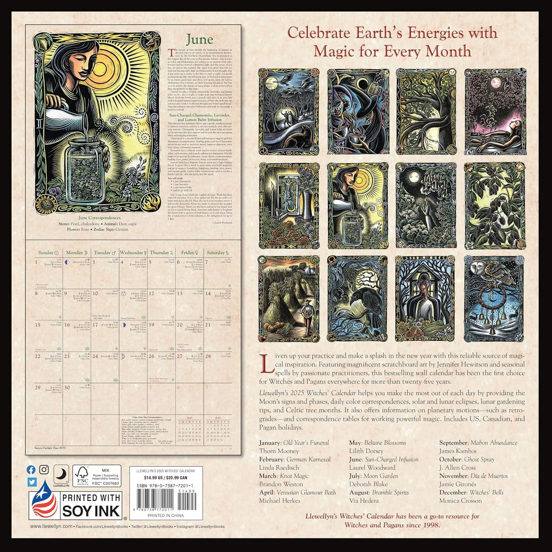 "2025 Häxornas Kalender med mystiska illustrationer och magiska ritualtips, perfekt för häxor och hedningar."