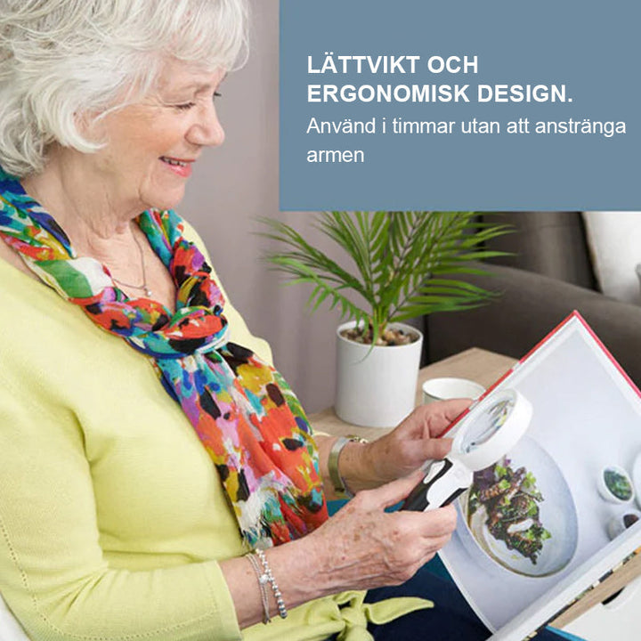 "20X optiskt förstoringsglas med LED-ljus, rund lins, användarvänlig design, optimal för detaljerad läsning."
