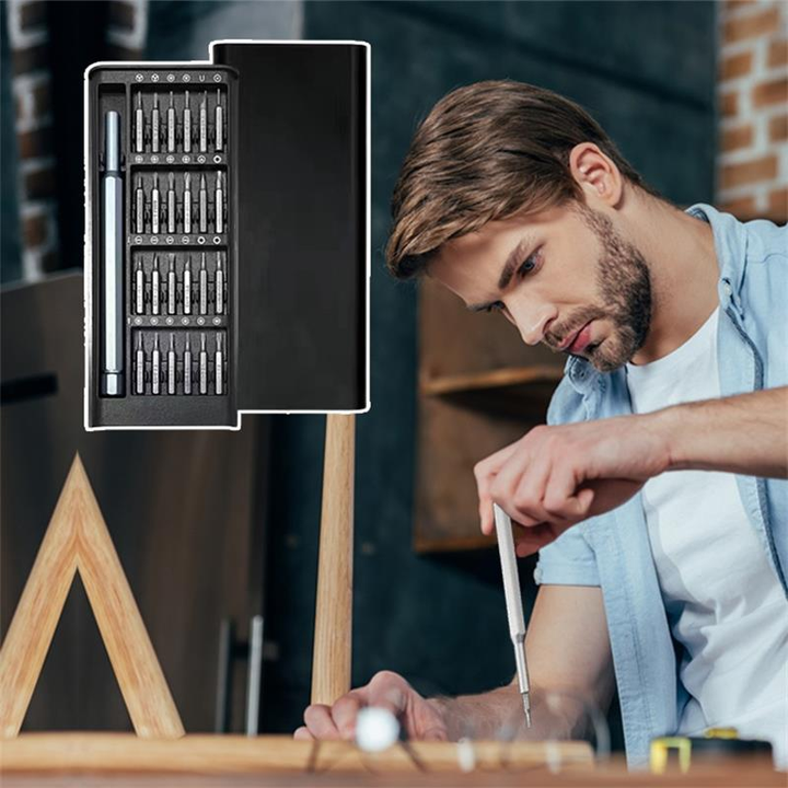"24 i 1 manuell precisionsskruvmejselsats, aluminiumhandtag, magnetisk hållare, designad för elektronik och känsliga verktyg.
