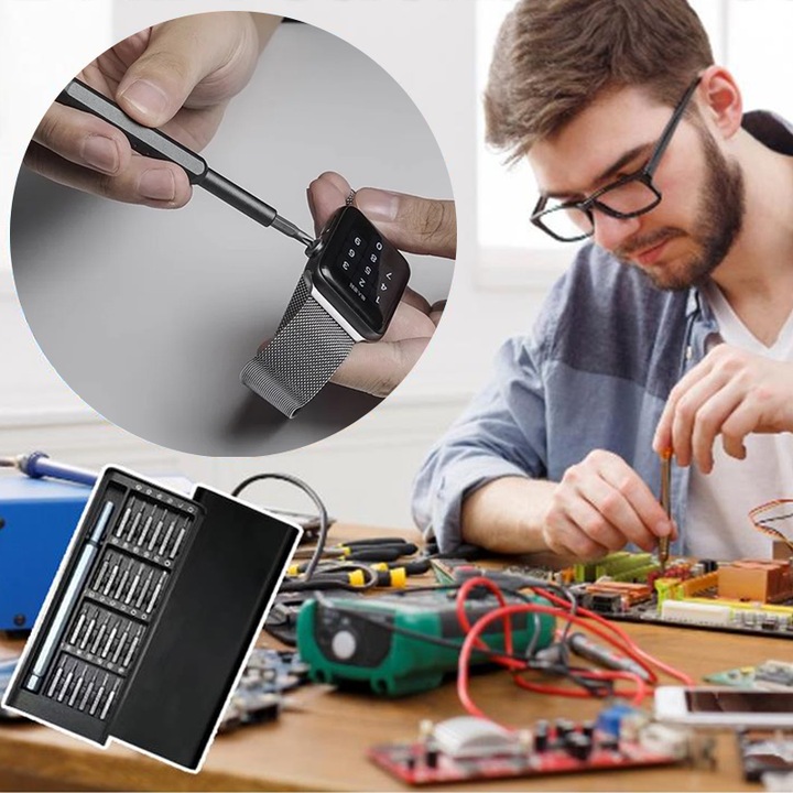 "24 i 1 manuell precisionsskruvmejselsats, aluminiumhandtag, magnetisk hållare, designad för elektronik och känsliga verktyg.