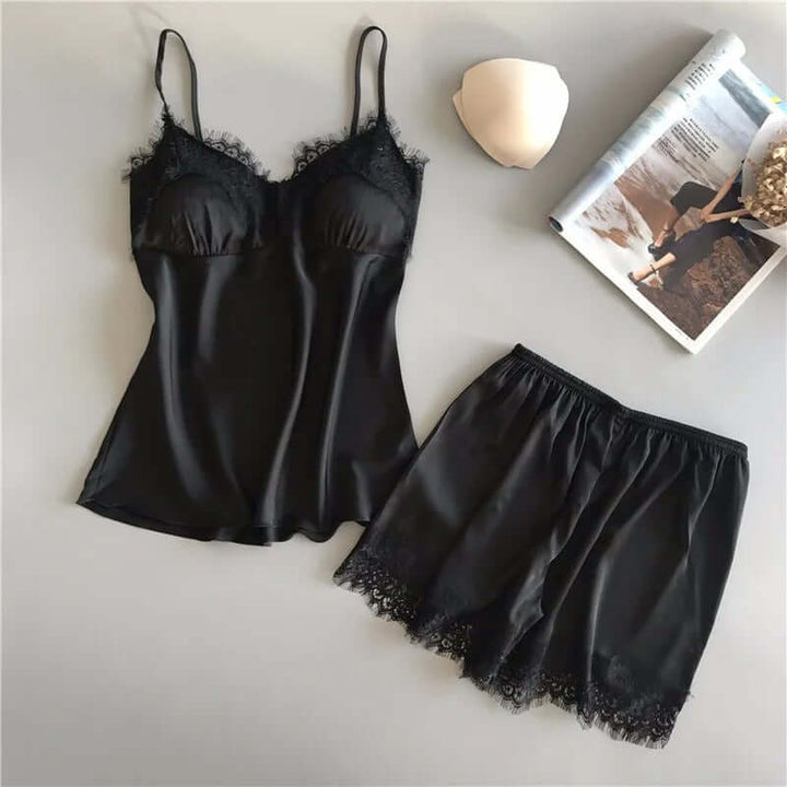 Satin Pyjamas Set med V-ringning