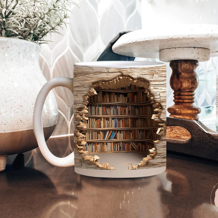 "3D bokhylla mugg keramik för bokälskare, formad som en bokhylla med detaljrik design, perfekt för litterära entusiaster."