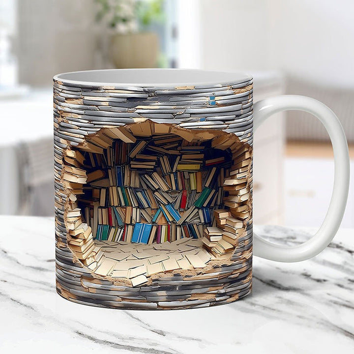"3D bokhylla mugg keramik för bokälskare, formad som en bokhylla med detaljrik design, perfekt för litterära entusiaster."
