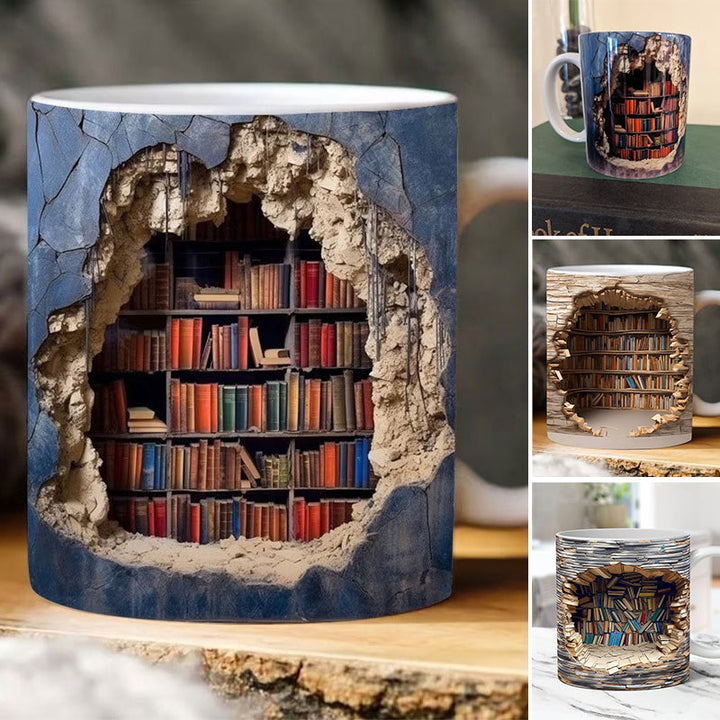 "3D bokhylla mugg keramik för bokälskare, formad som en bokhylla med detaljrik design, perfekt för litterära entusiaster."
