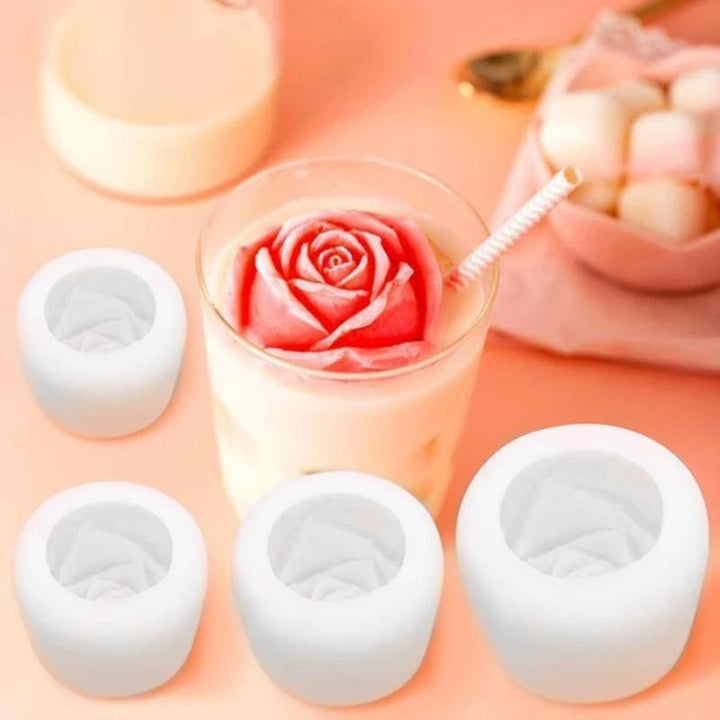 "3D silikonform i rosform, skapar eleganta blommiga isbitar. Perfekt för sofistikerade cocktails och köksanvändning."
