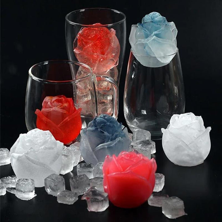 "3D silikonform i rosform, skapar eleganta blommiga isbitar. Perfekt för sofistikerade cocktails och köksanvändning."