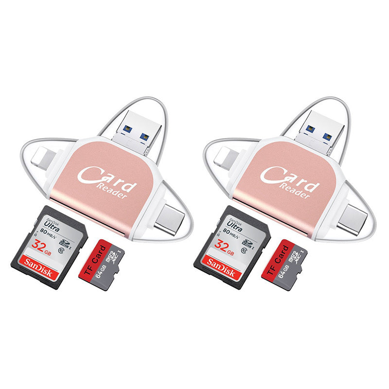 "4-i-1 SD TF-kortläsare i zinklegering, roséguld, liten och portabel för flera enheter som smartphones och datorer."