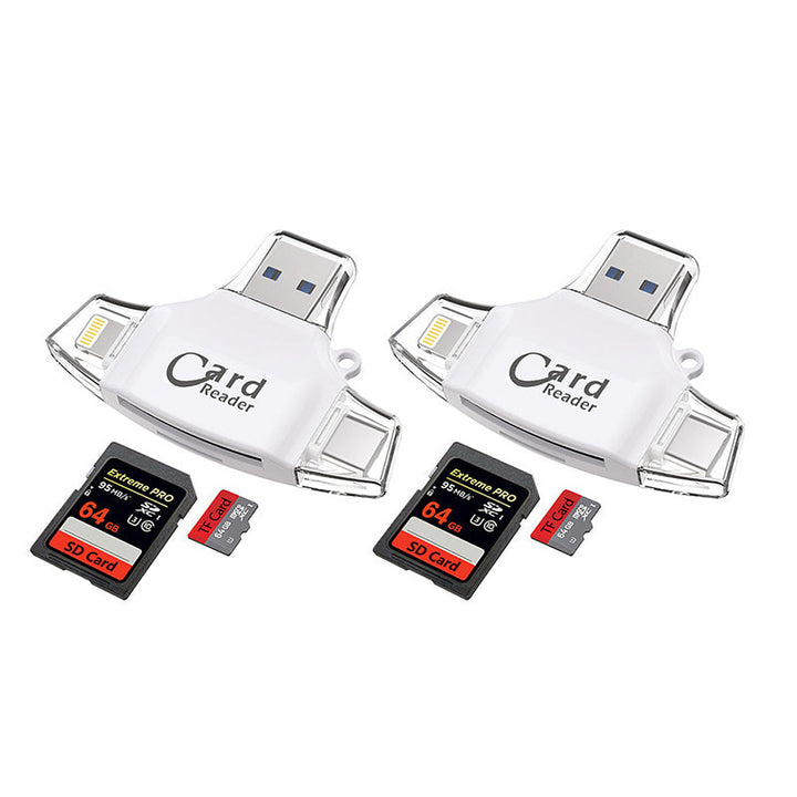 "4-i-1 SD TF-kortläsare i zinklegering, roséguld, liten och portabel för flera enheter som smartphones och datorer."