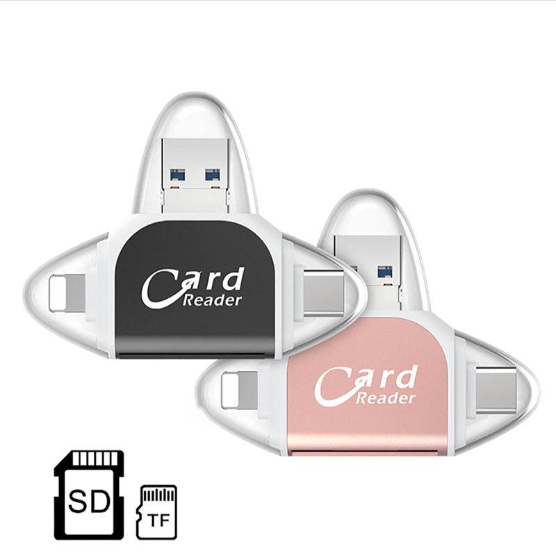 "4-i-1 SD TF-kortläsare i zinklegering, roséguld, liten och portabel för flera enheter som smartphones och datorer."