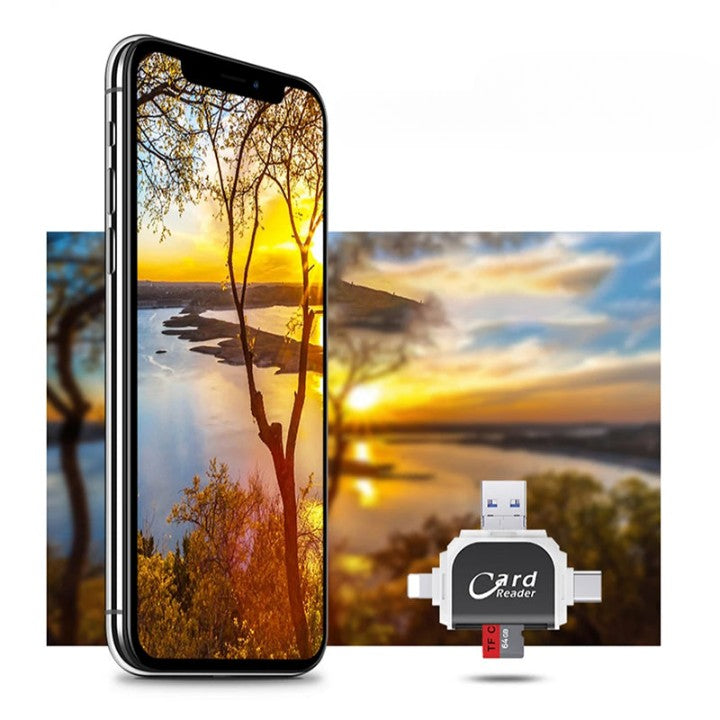 "4-i-1 SD TF-kortläsare i zinklegering, roséguld, liten och portabel för flera enheter som smartphones och datorer."