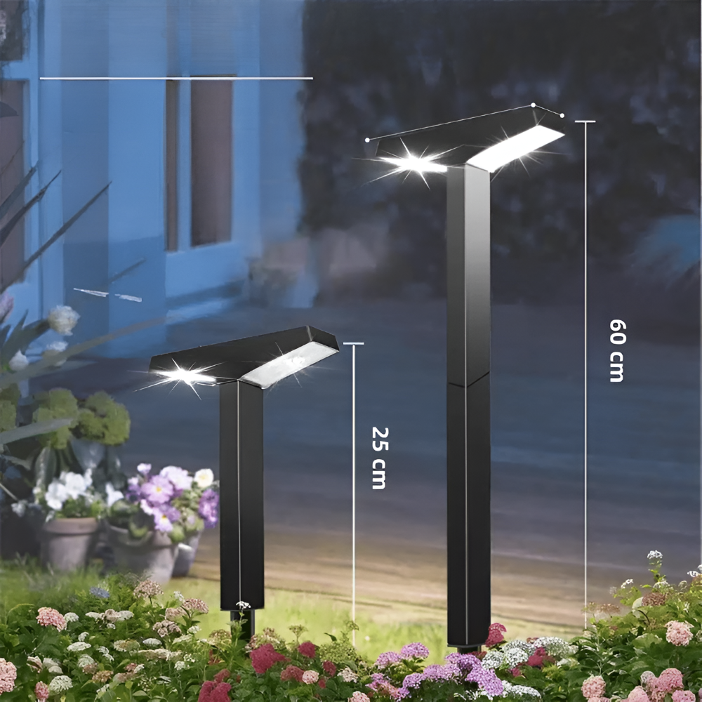 "4-pack solcellslampor i modern design på terrass för energisnål utomhusbelysning, idealisk för trädgårdar och gångvägar."