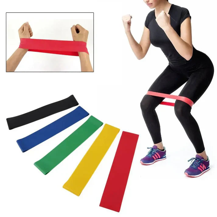 "5-pack flerfärgade träningsband för varierad hemmaträning inom fitness, yoga och pilates"