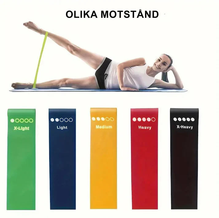"5-pack flerfärgade träningsband för varierad hemmaträning inom fitness, yoga och pilates"