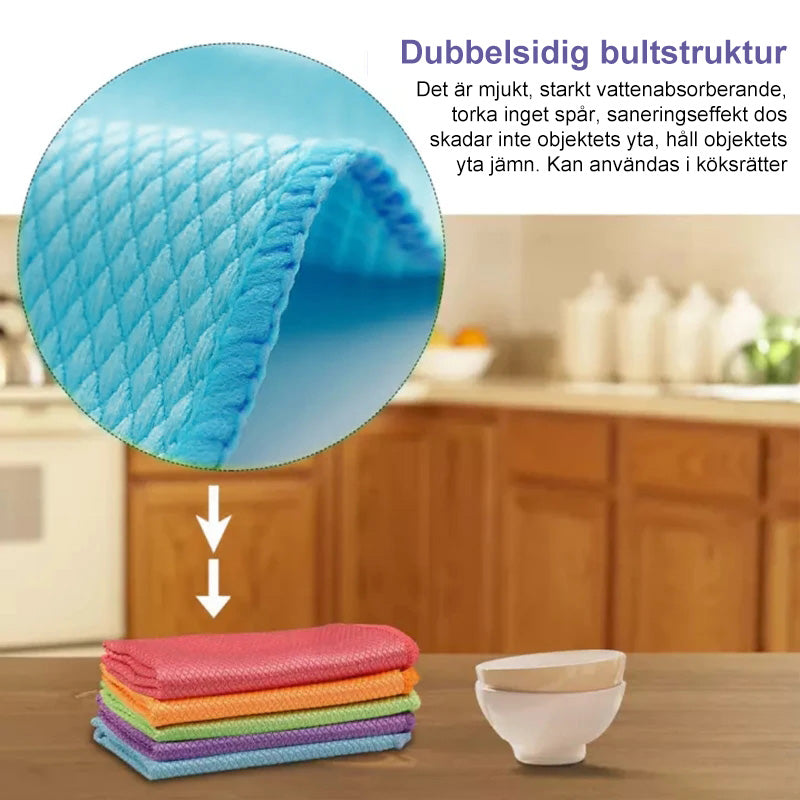 "5-pack mikrofiberrengöringsdukar i olika färger, 30x40 cm, stark vattenabsorption för skinande rena ytor i hemmet."
