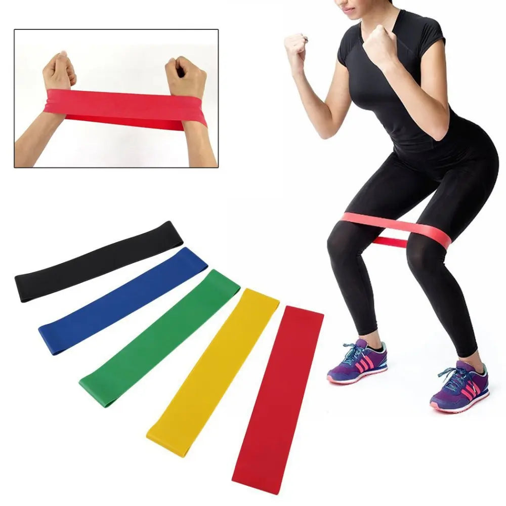"5-pack träningsband i blandade färger för effektiv helkroppsträning, perfekt för yoga och fitness hemma."