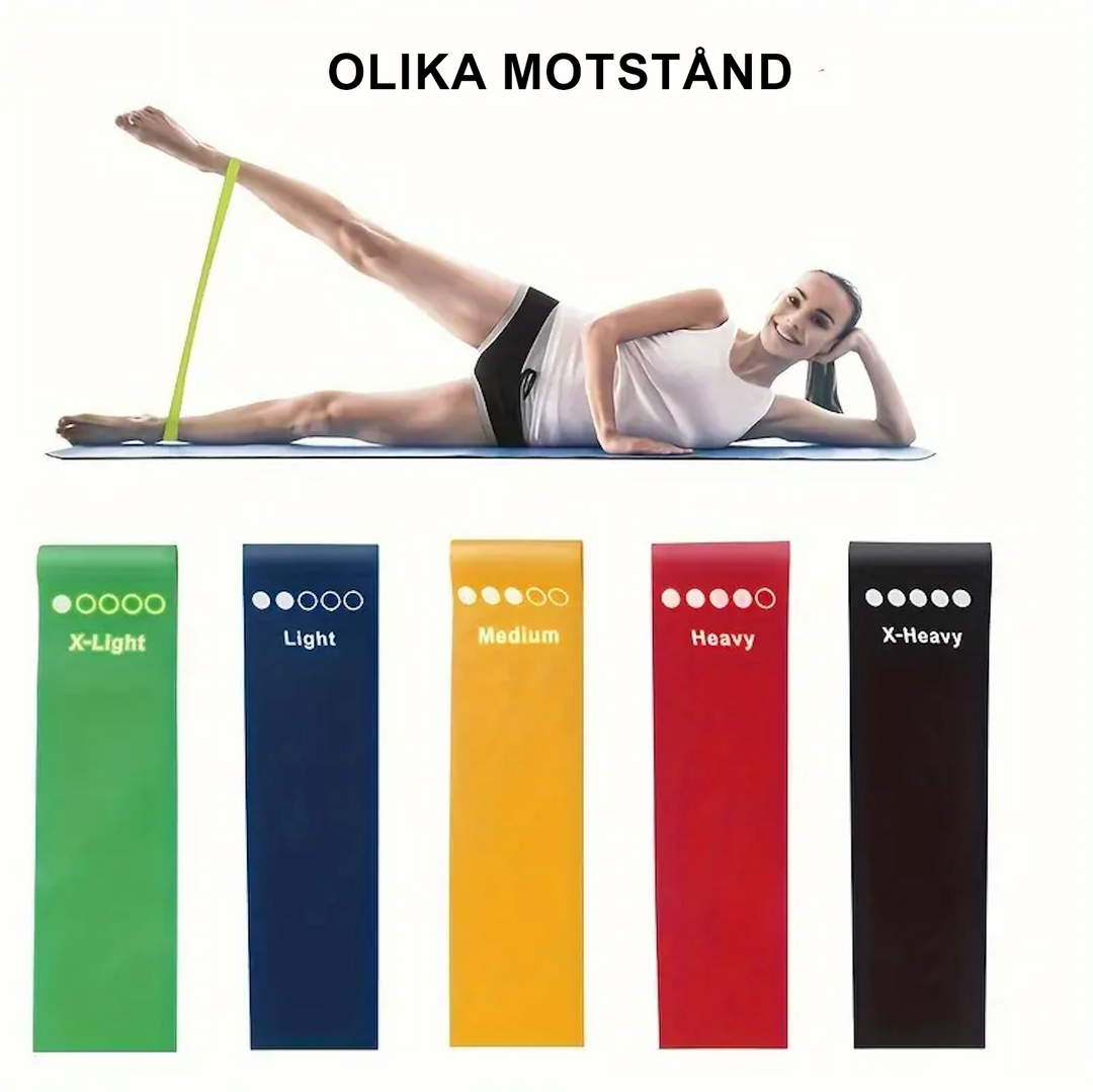 "5-pack träningsband i blandade färger för effektiv helkroppsträning, perfekt för yoga och fitness hemma."