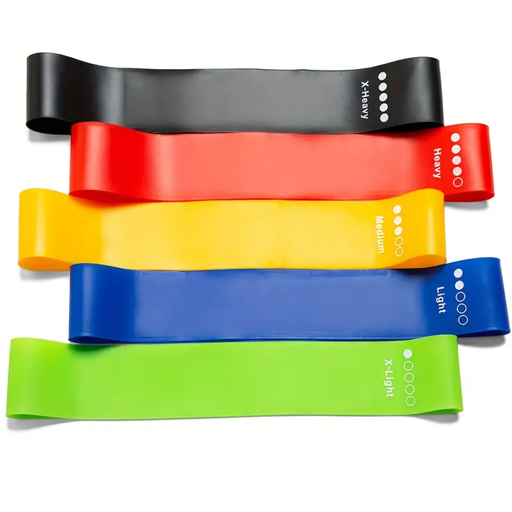 "5-pack träningsband i blandade färger för effektiv helkroppsträning, perfekt för yoga och fitness hemma."