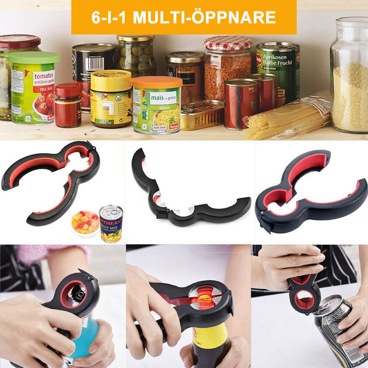 "6-i-1 multifunktionell flasköppnare med ergonomiskt handtag i rostfritt stål för kök, kompakt och hållbar design."