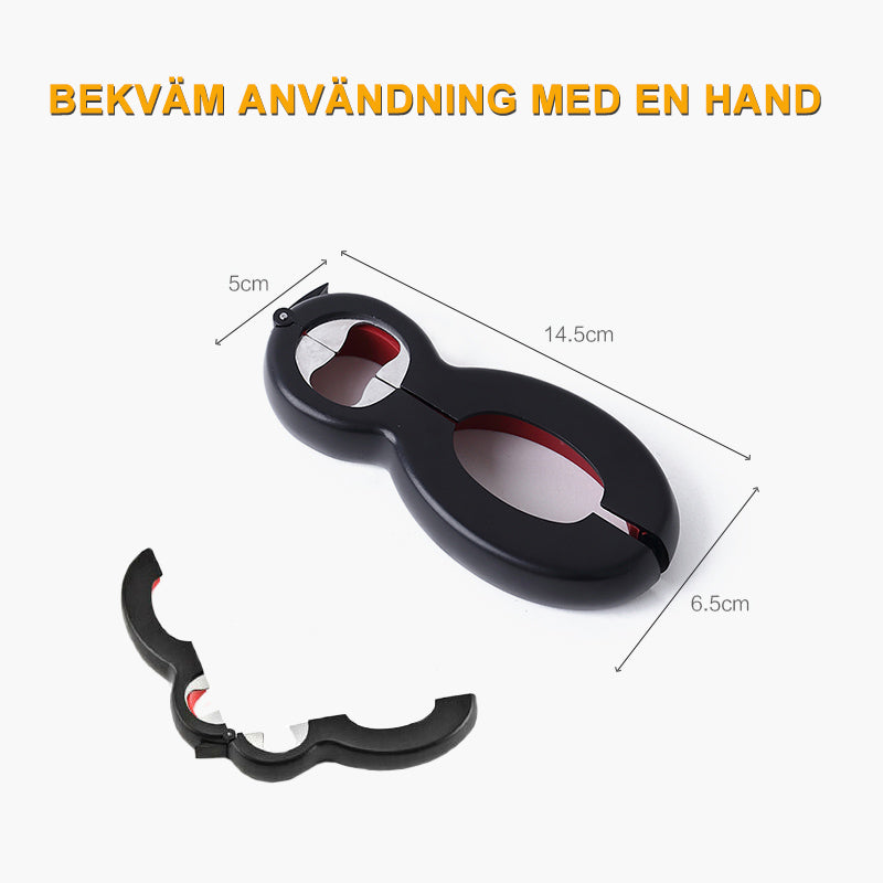 "6-i-1 multifunktionell flasköppnare med ergonomiskt handtag i rostfritt stål för kök, kompakt och hållbar design."