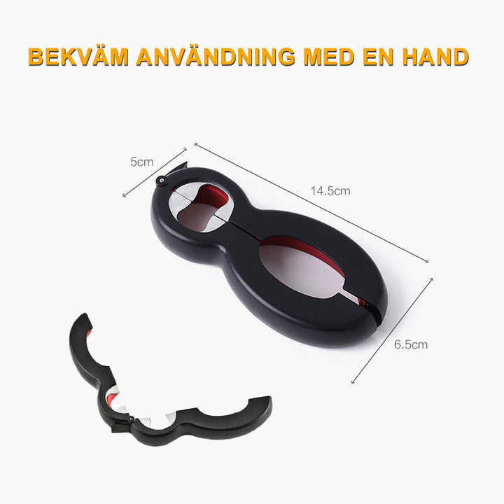 "6-i-1 multifunktionell flasköppnare med ergonomiskt handtag i rostfritt stål för kök, kompakt och hållbar design."